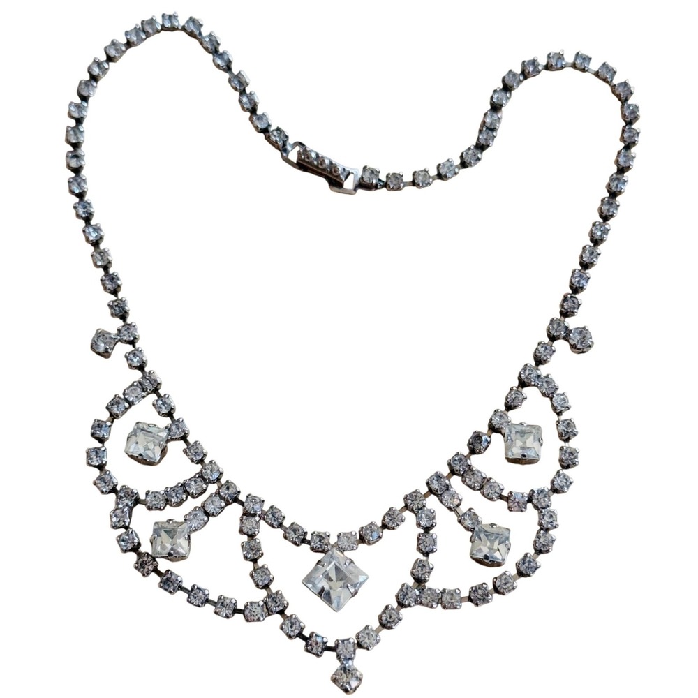VTG Crystal rhinestone Choker La-Rel Bib Necklace Princess Jeweled silver bridal
